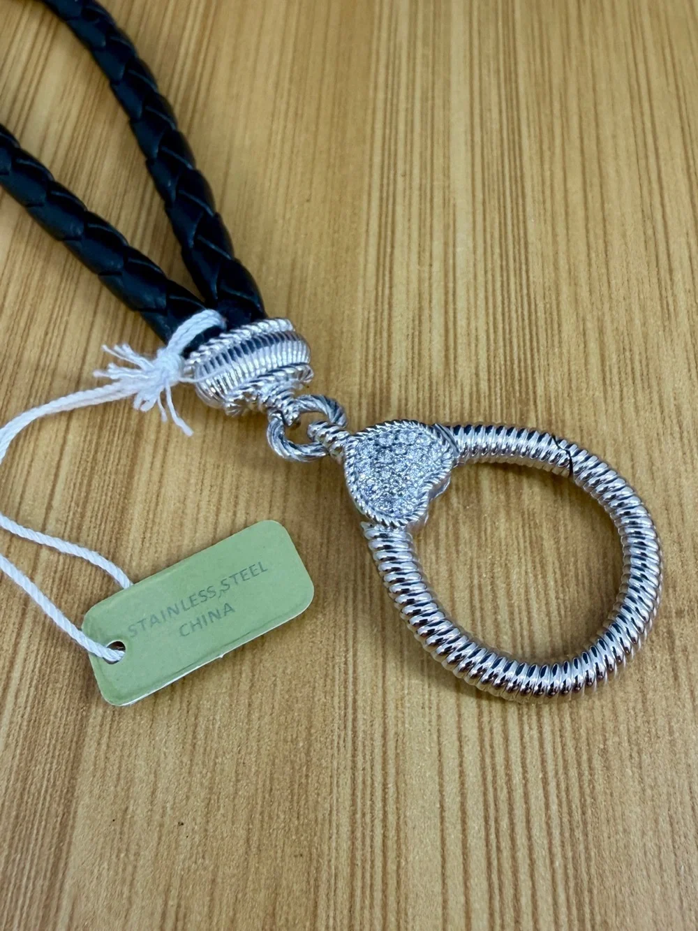 NWT- JUDITH RIPKA Stainless Steel Black Braided Leather Crystal Keyring Keychain